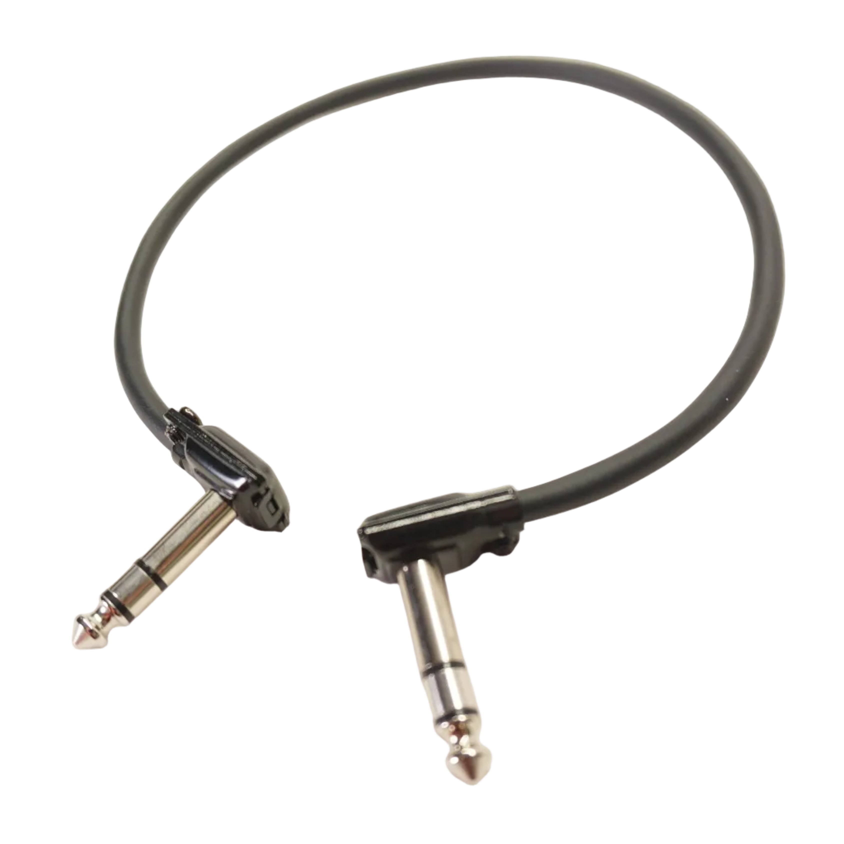 Black audio cable with 90-degree connectors on a white background