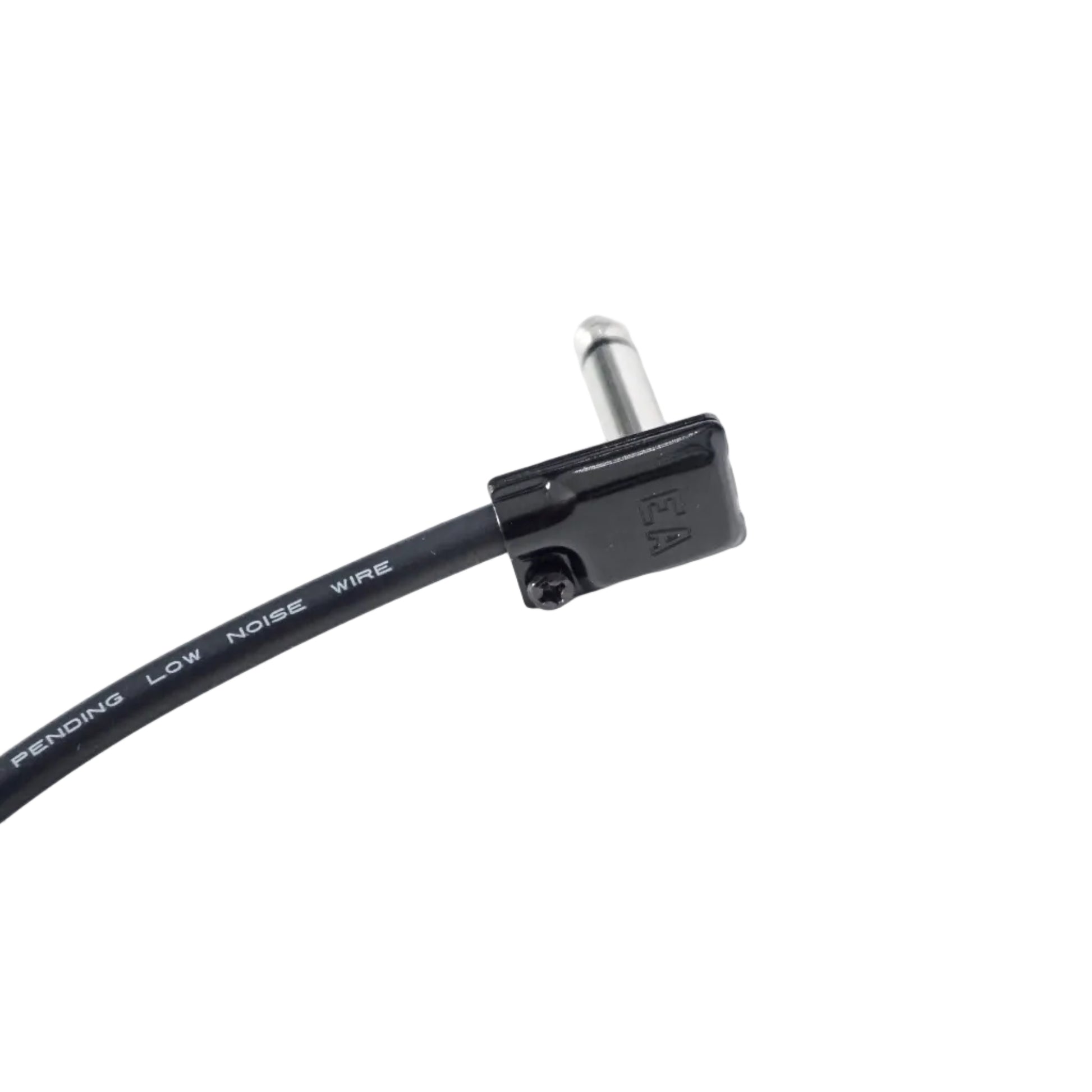 Black guitar cable with a 1/4 inch plug on a white background